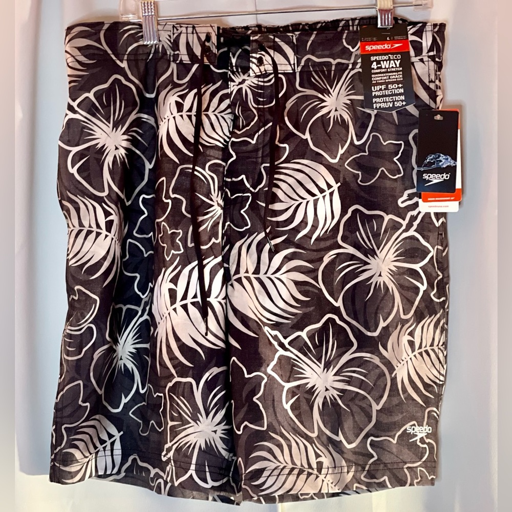 NEW Speedo Mens Bondi Boardshorts 20" Anthracite Tropical Hibiscus Swim Trunks L